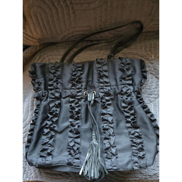 Banana Republic Black Nylon Ruffle Tote Cinch Bag - Picture 1 of 5